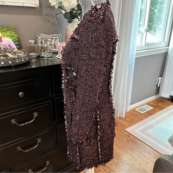 Zara Basic Tweed Longline Coat Jacket XS Black Red Fringe Bouclé - Picture 7 of 16